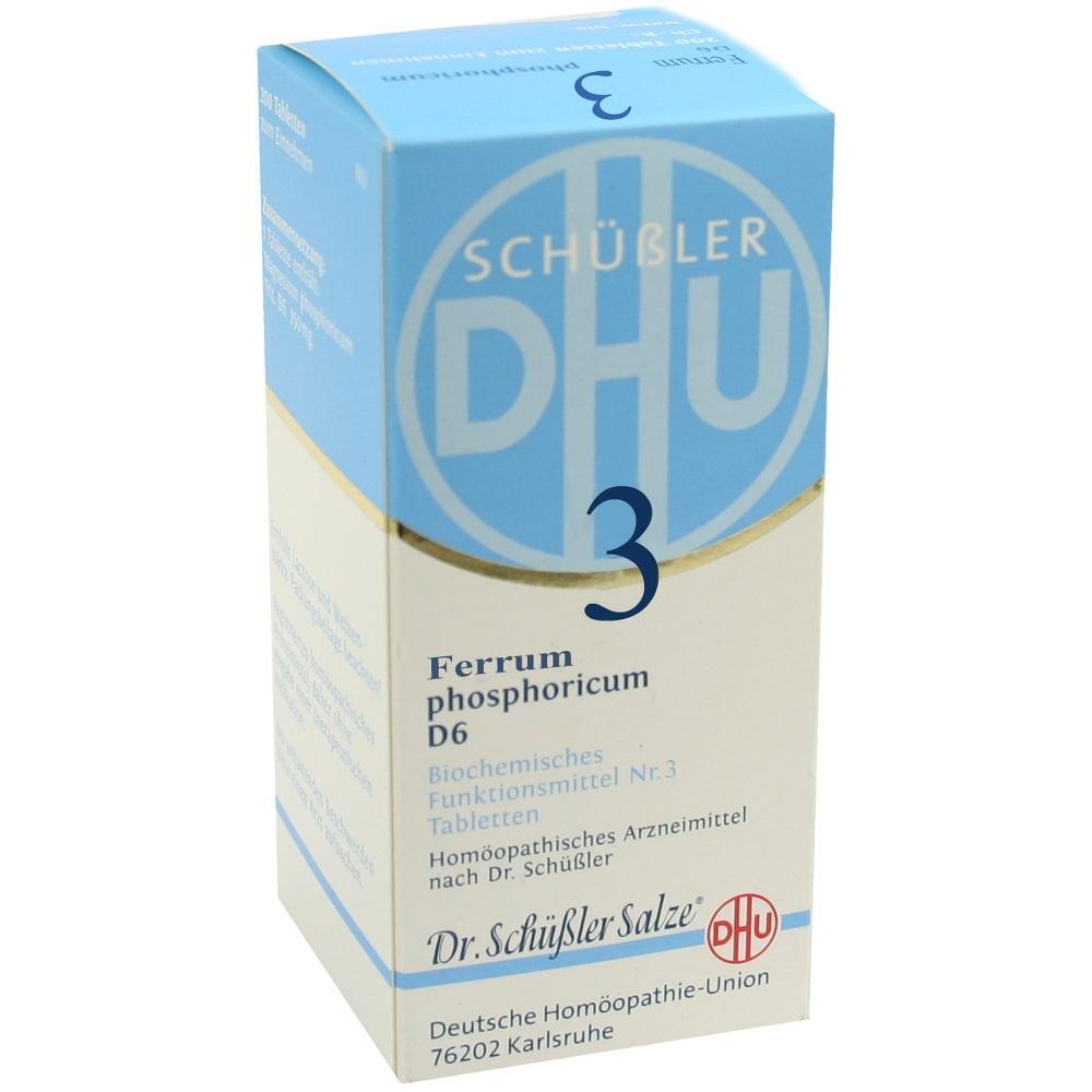 Blaue und weiße Schachtel mit der Aufschrift "Ferrum phosphoricum D6, Nr. 3".