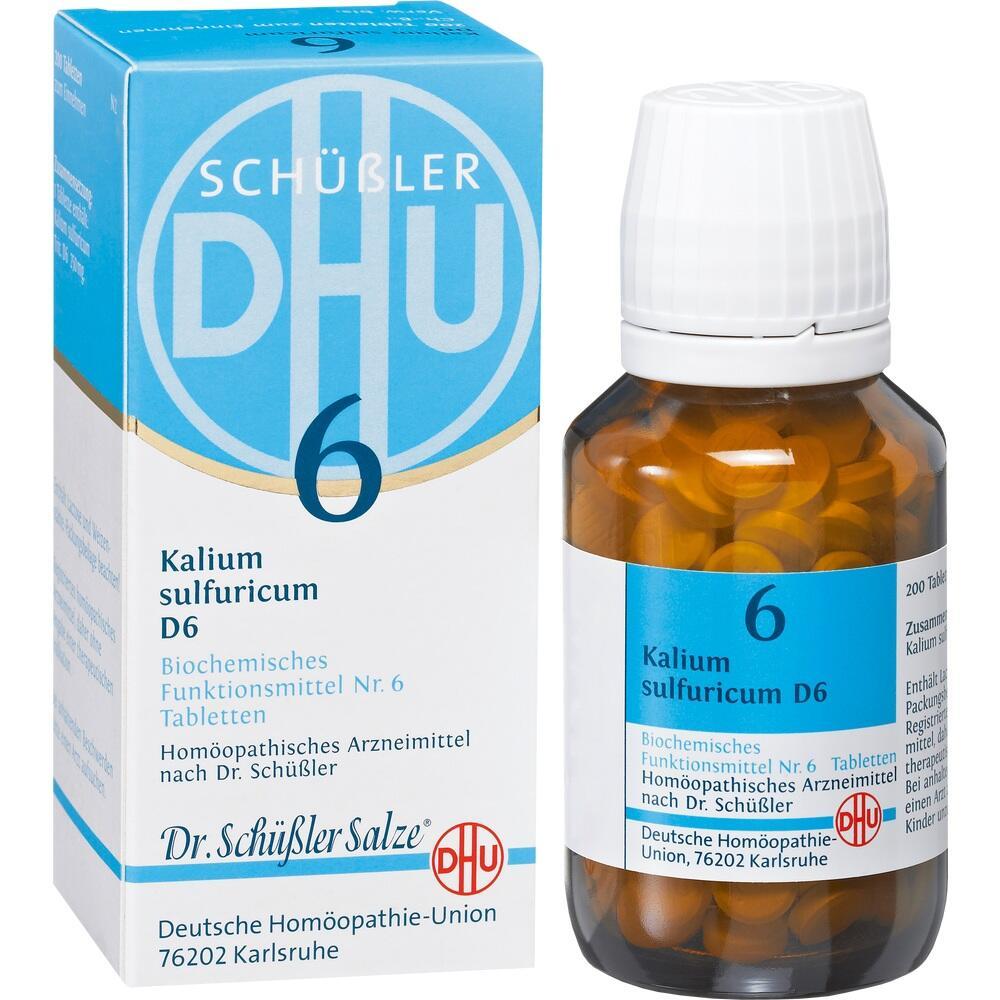 Eine Schachtel und Flasche mit homöopathischem Mittel namens Kalium sulfuricum D6.