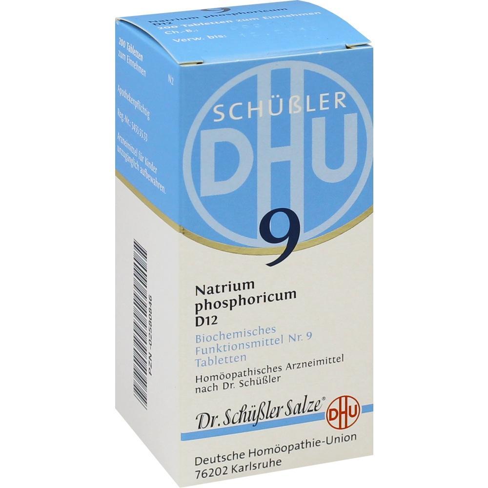 Weiße Schachtel mit blauer Aufschrift für Schüßler-Salz Nr. 9, Natrium phosphoricum.