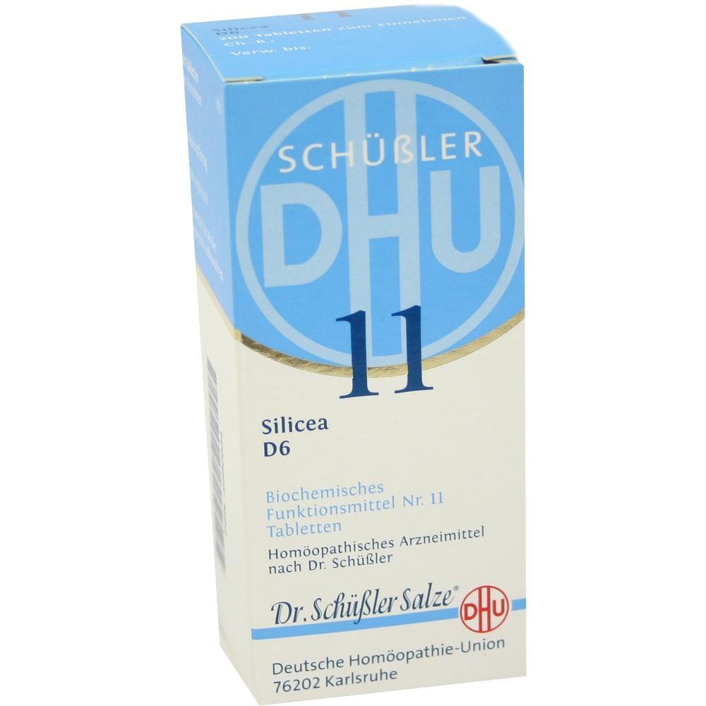 Die Packung zeigt Schüßler-Salze Nummer 11, Silicea D6 Tabletten.