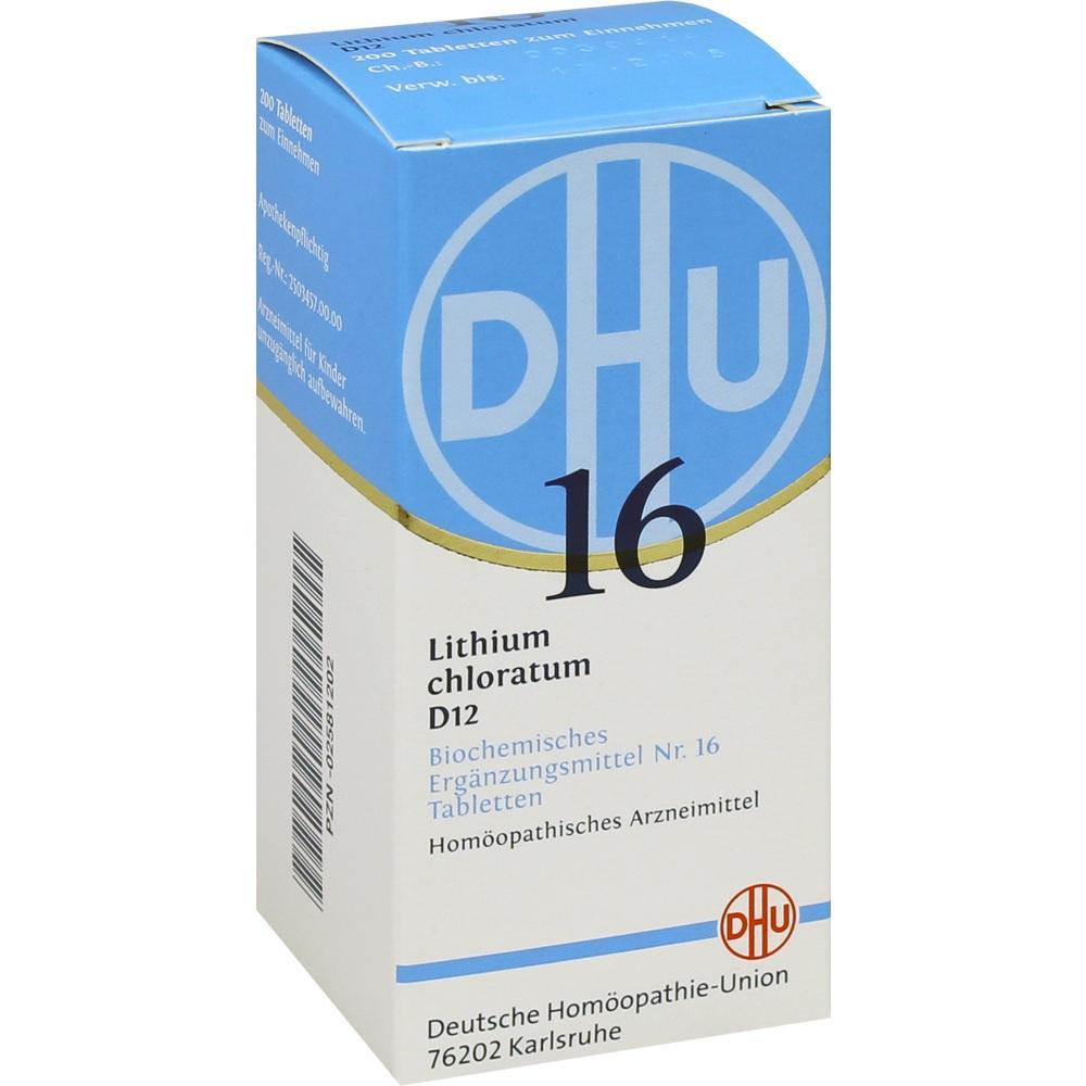 Blaue und weiße Verpackung von Lithium chloratum D12 Tabletten.