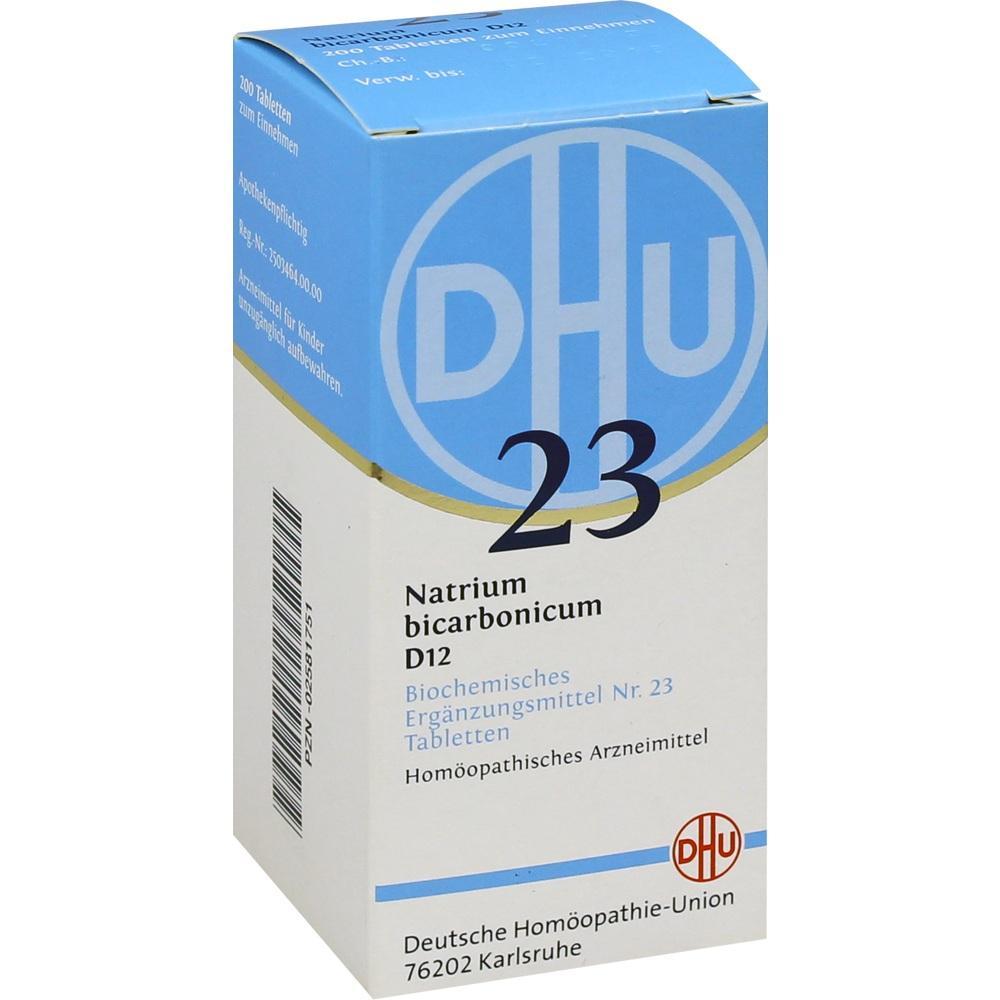 Schachtel mit homöopathischen Tabletten von DHU, beschriftet mit "Natrium bicarbonicum D12".