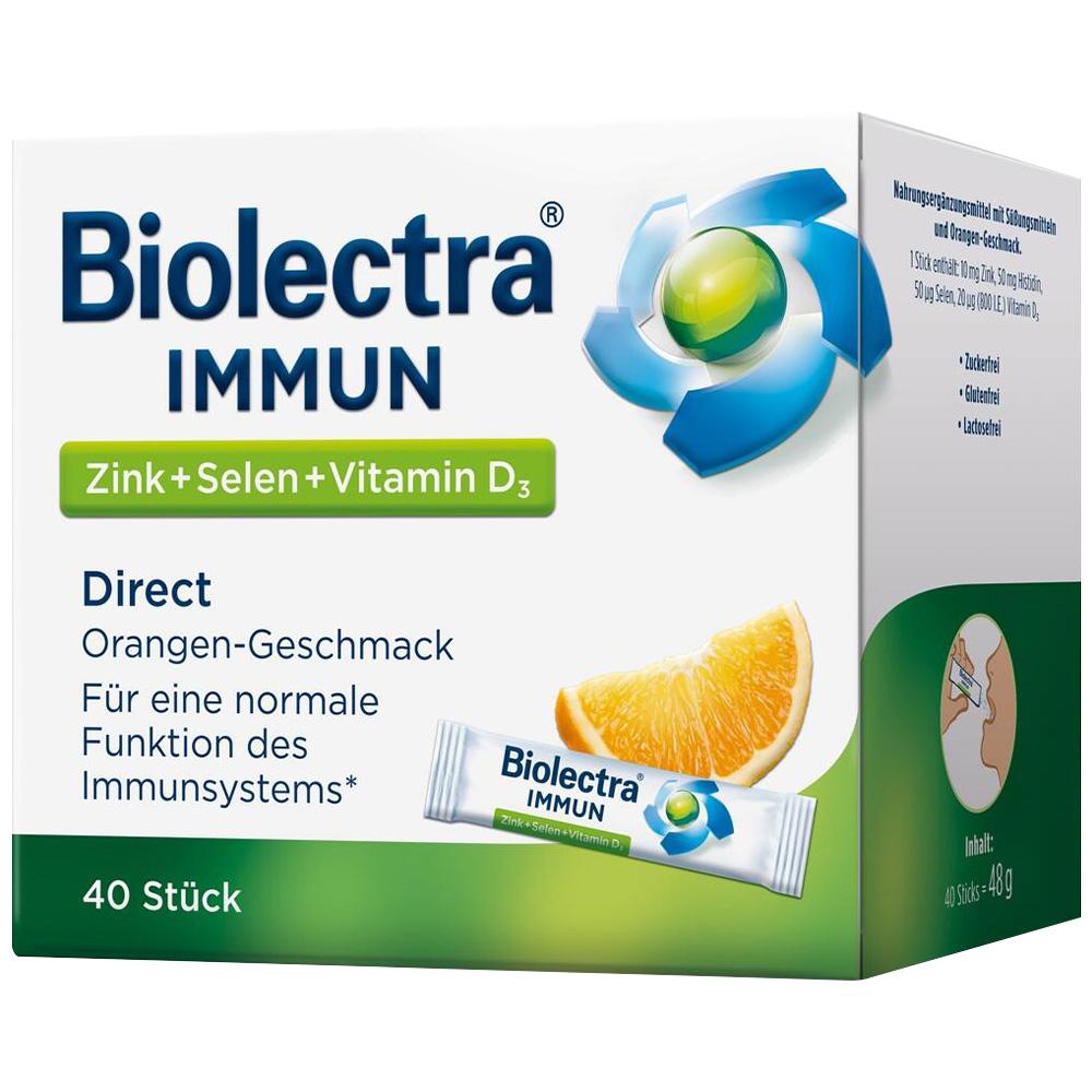 Verpackung von Biolectra Immun mit Orange, enthält 40 Beutel für Immunsystem-Unterstützung.