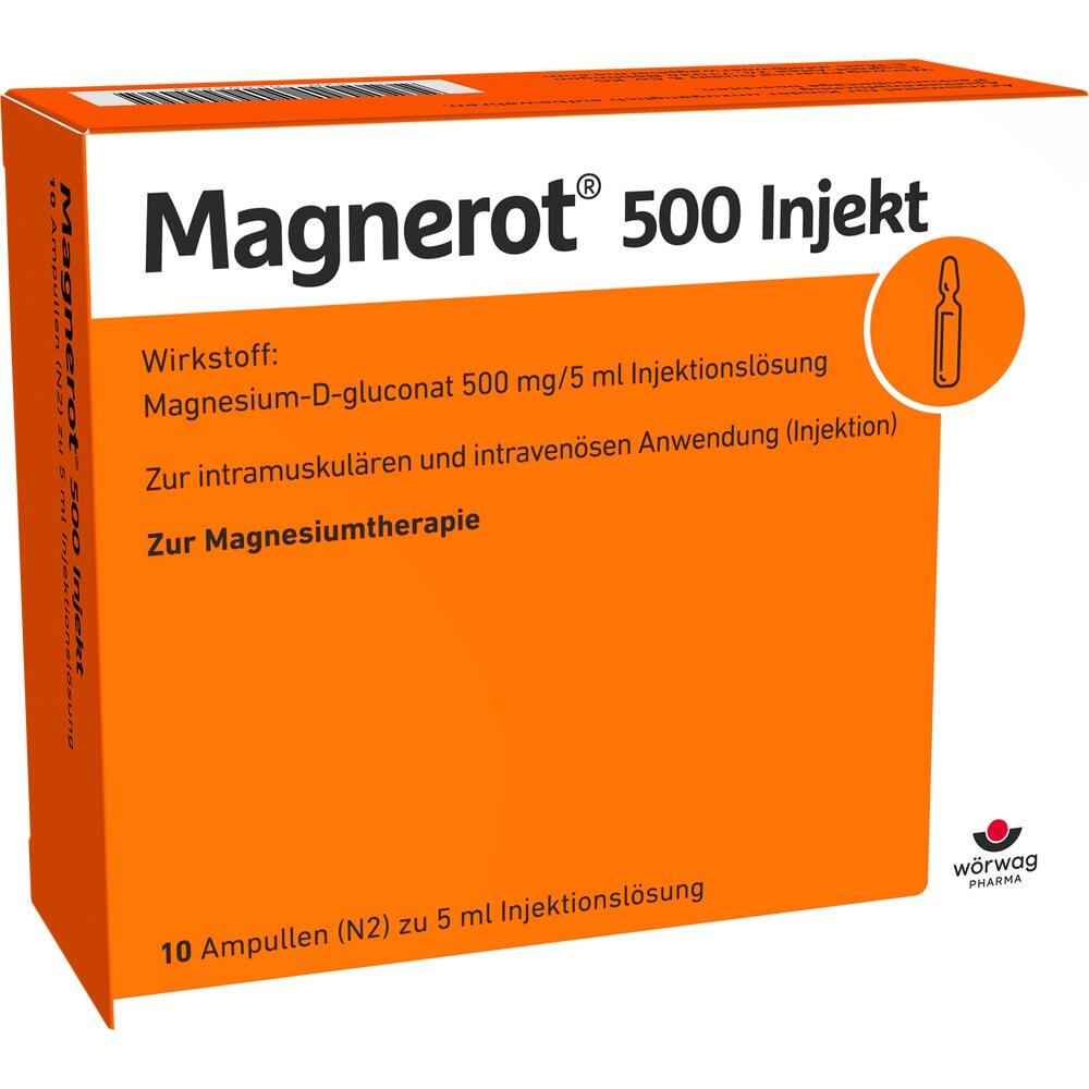 Orange Medikamentenverpackung mit der Aufschrift "Magnerot 500 Injekt".