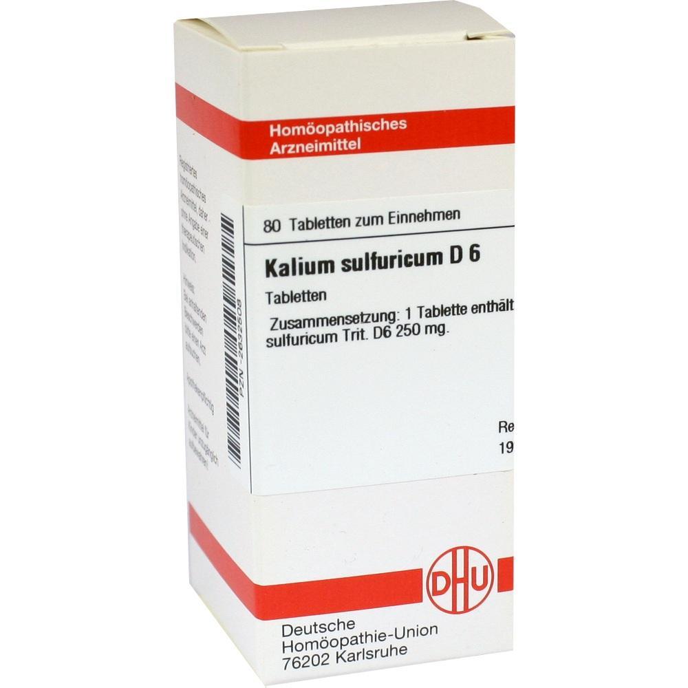 Eine Packung homöopathische Tabletten namens Kalium sulfuricum D6.