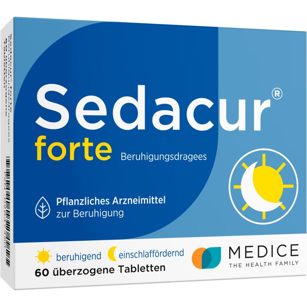 Blau-wei&szlig;e Packung von Sedacur forte, einem pflanzlichen Beruhigungsarzneimittel.