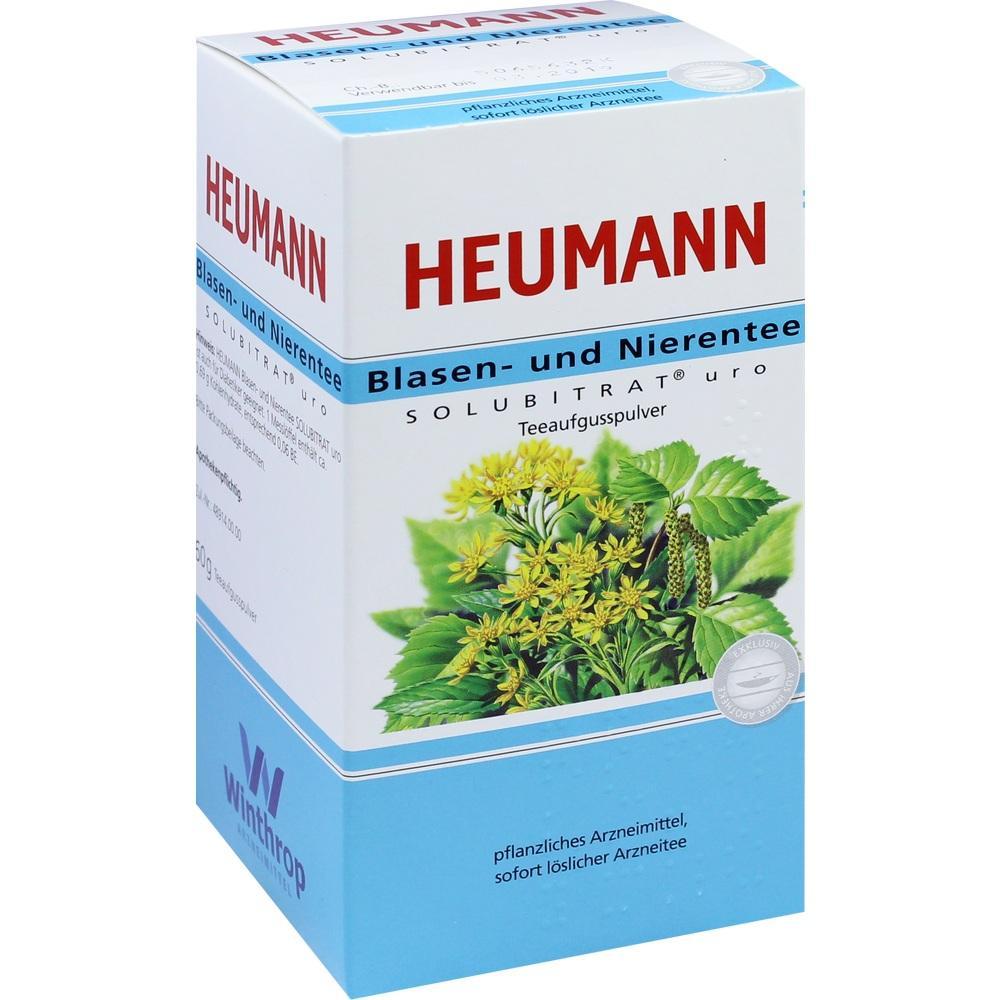 Eine Packung Blasen- und Nierentee von Heumann mit grünem Pflanzendesign.
