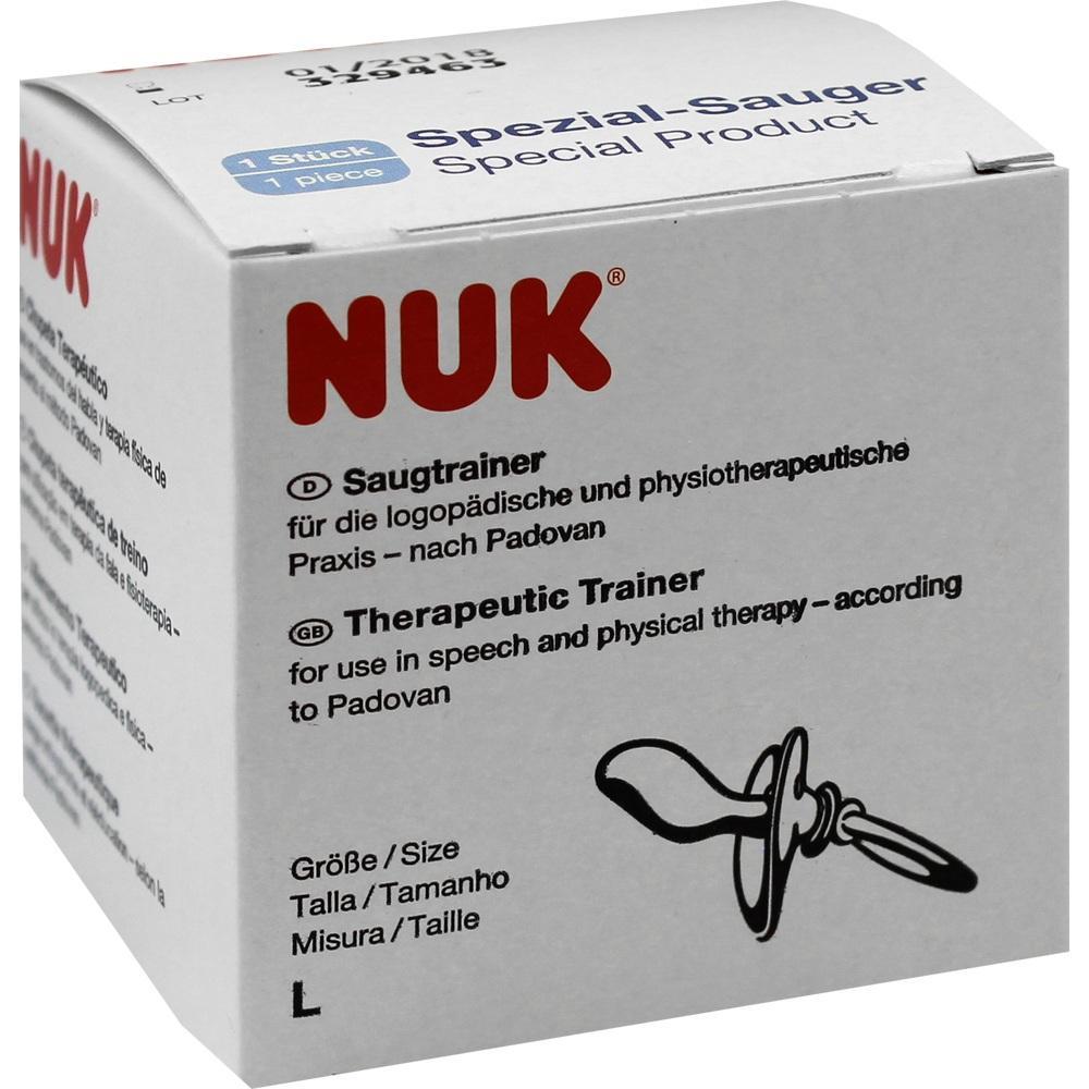 Weiße NUK-Verpackung für einen Saugtrainer zur logopädischen und physiotherapeutischen Anwendung.
