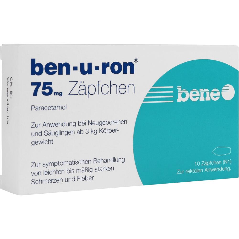 Schachtel mit 75 mg Zäpfchen für Säuglinge zur Behandlung von Schmerzen und Fieber.