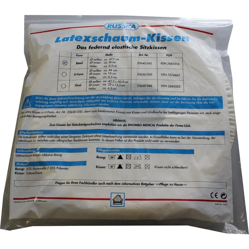Verpackung eines Latex-Schaumkissens mit Produktinformationen und Pflegehinweisen.