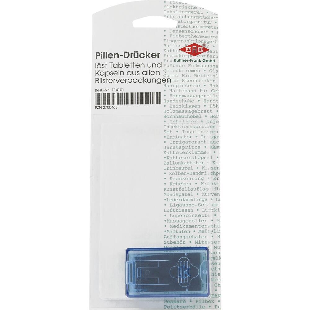 Verpackung f&uuml;r einen blauen Pillen-Dr&uuml;cker, der Tabletten aus Blisterverpackungen l&ouml;st.