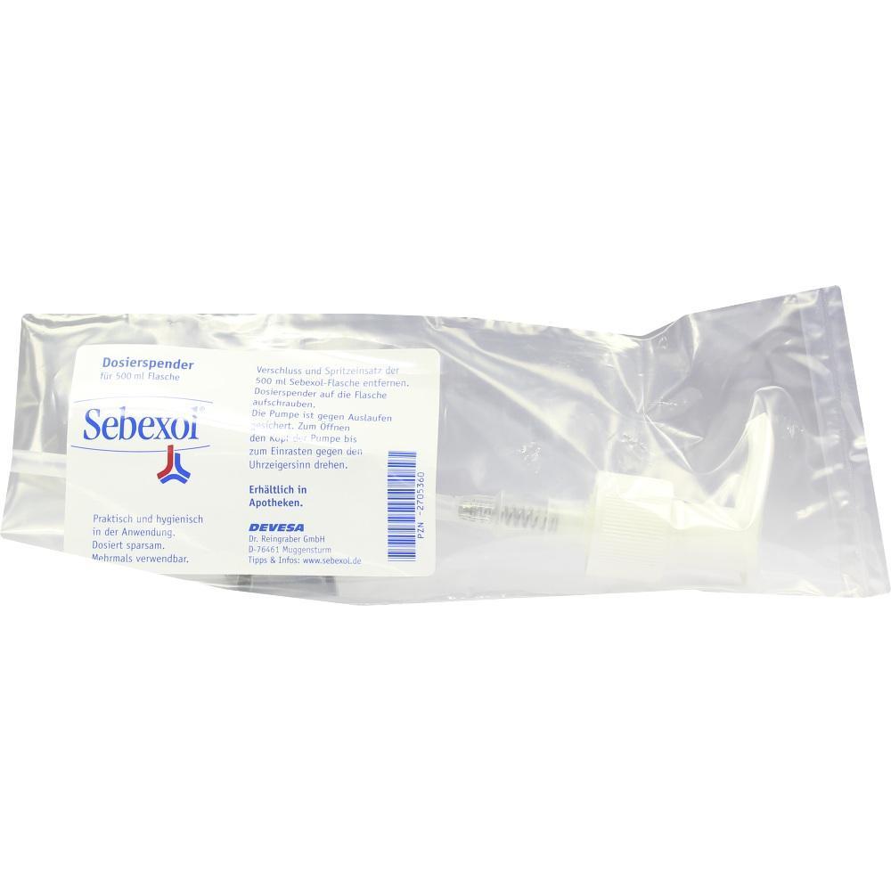 Eine Dosierpumpe für eine Flasche in einer Plastikverpackung.