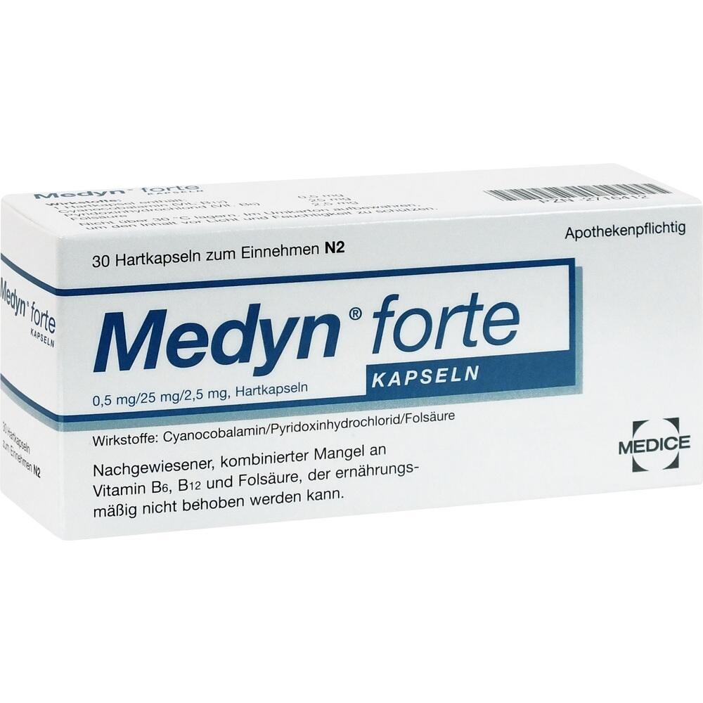 Eine weiße Packung Medyn forte Kapseln zur Behandlung von Vitaminmangel.