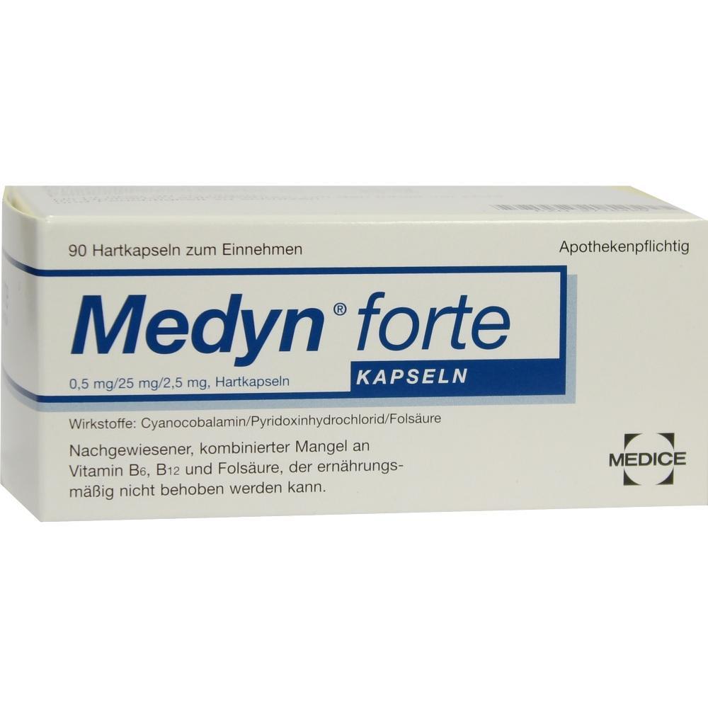 Weiße Medikamentenverpackung mit der Aufschrift "Medyn forte Kapseln".