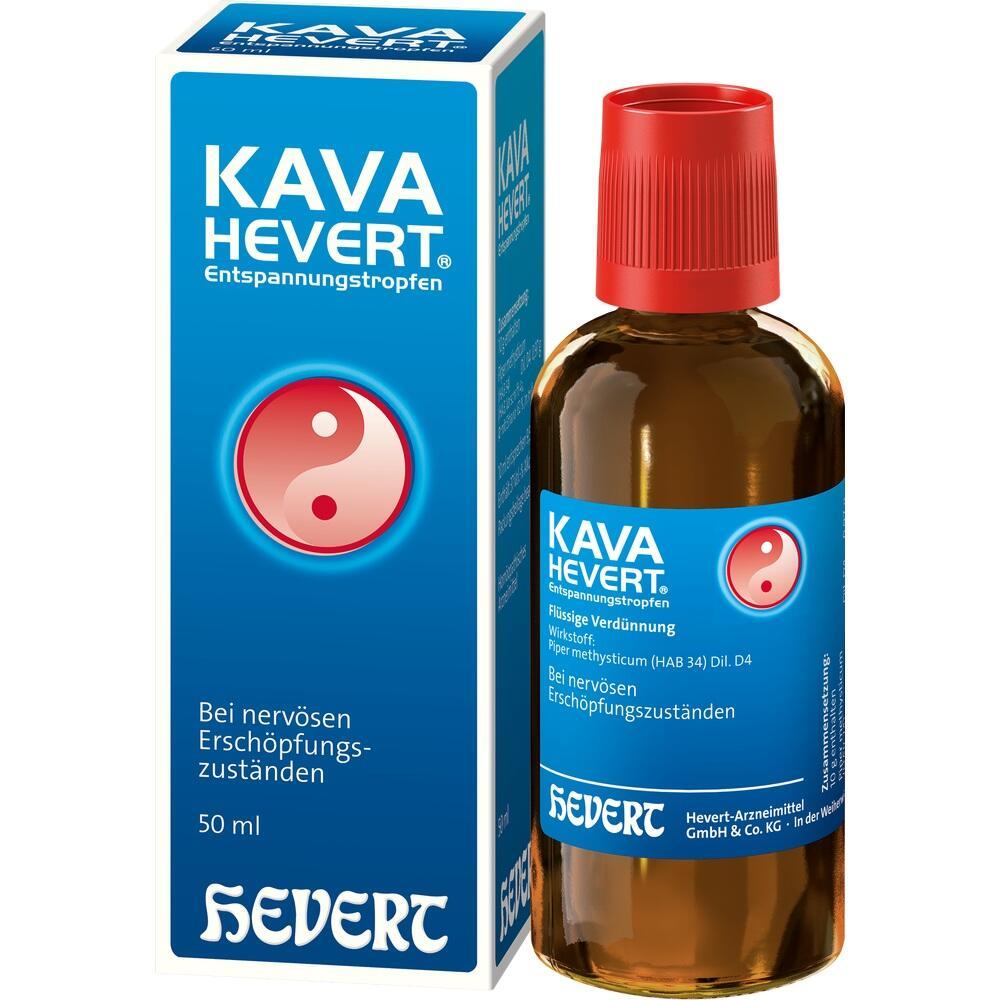 Eine blaue Verpackung und eine Flasche mit Kava Entspannungstropfen.