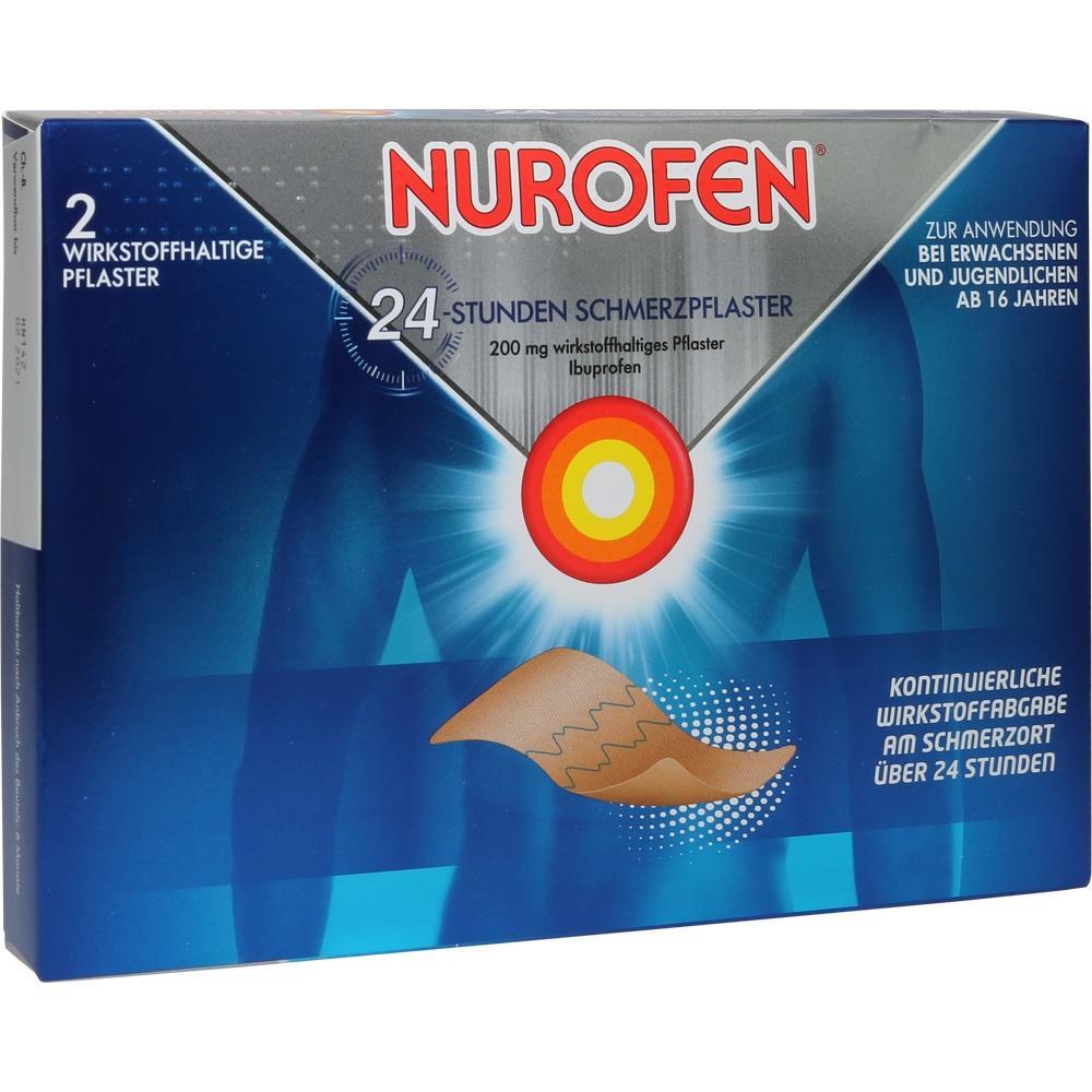 Verpackung mit zwei Nurofen Schmerzpflastern für 24 Stunden Schmerzlinderung.
