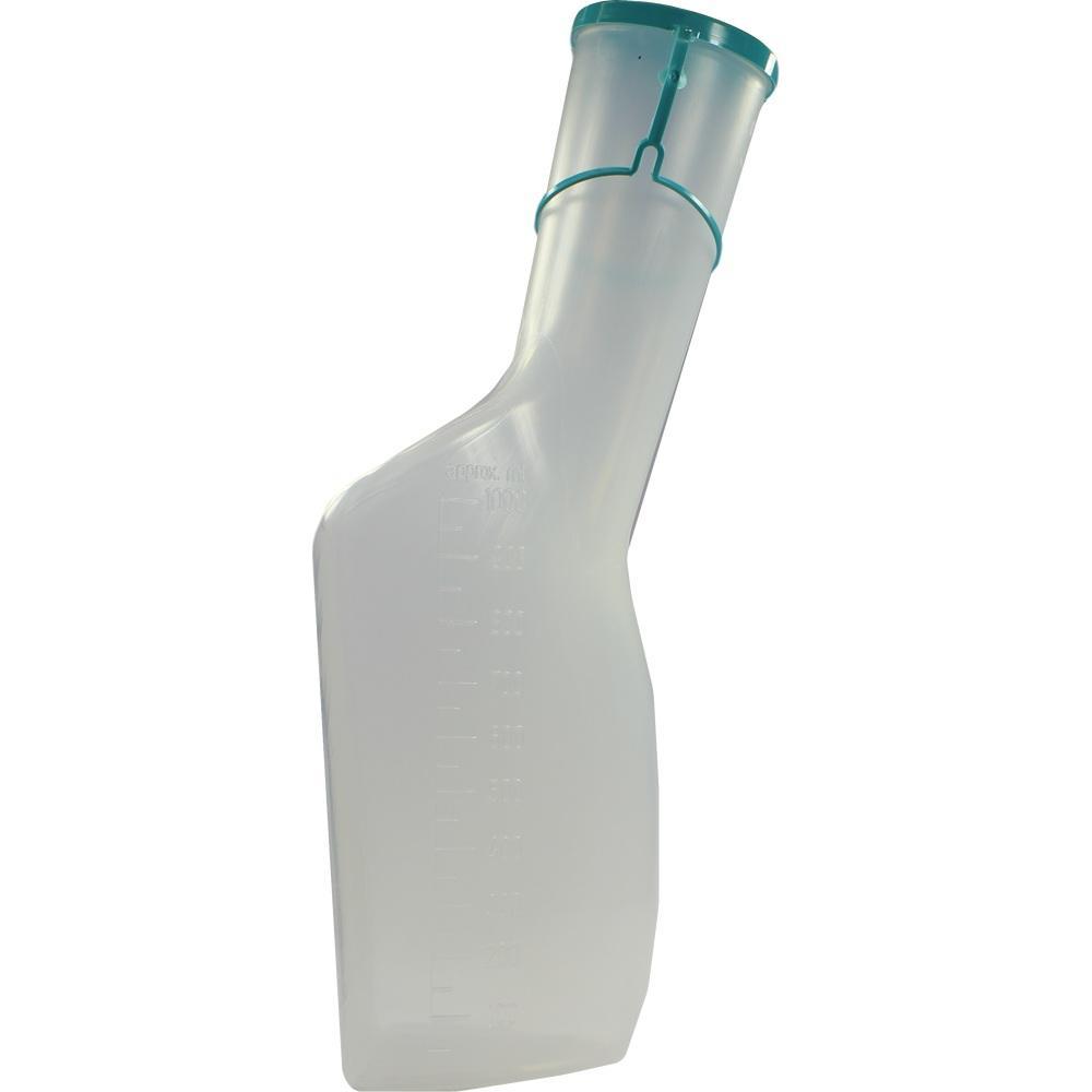 Eine durchsichtige Kunststoffflasche mit grünem Deckel.