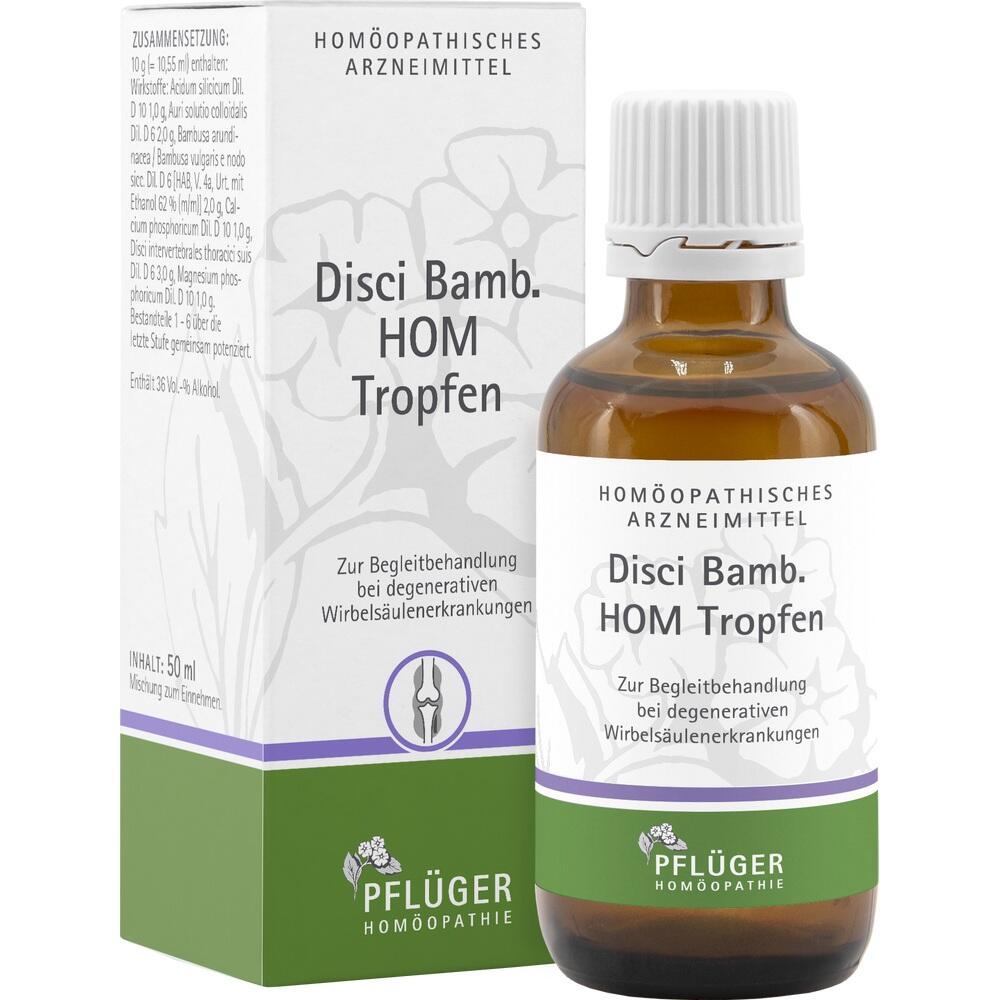 Flasche und Verpackung von Disci Bamb. HOM Tropfen, homöopathisches Arzneimittel.