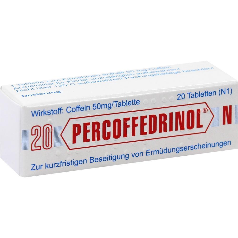 Eine Medikamentenschachtel namens Percoffedrinol mit 20 Tabletten zur Müdigkeitsbehandlung.