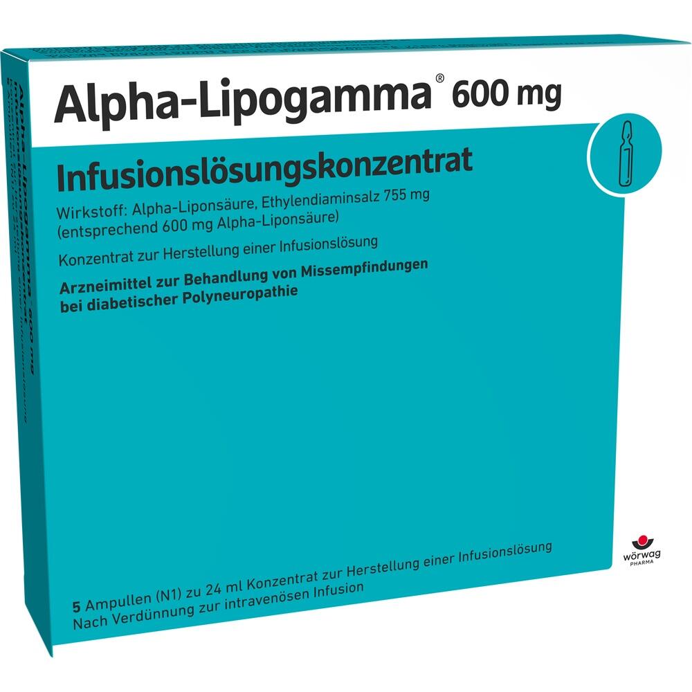 Teal-weiße Verpackung von Alpha-Lipogamma, einem Medikament gegen diabetische Polyneuropathie.