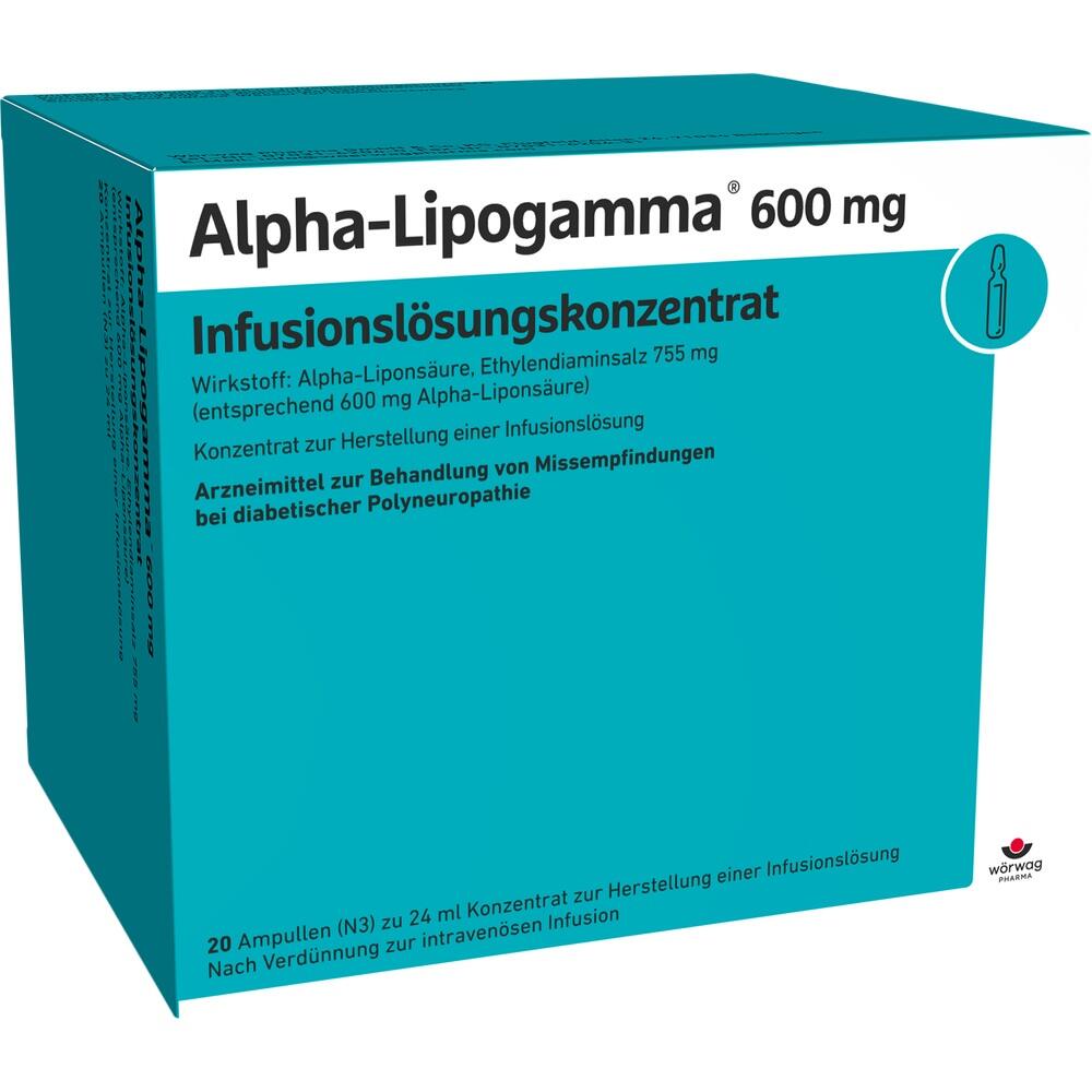 Eine grüne Medikamentenverpackung von Alpha-Lipogamma 600 mg.