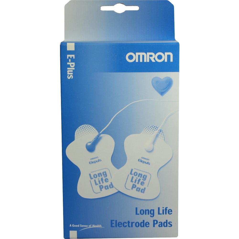 Eine blaue Packung mit zwei weißen Elektrodenpads der Marke Omron.