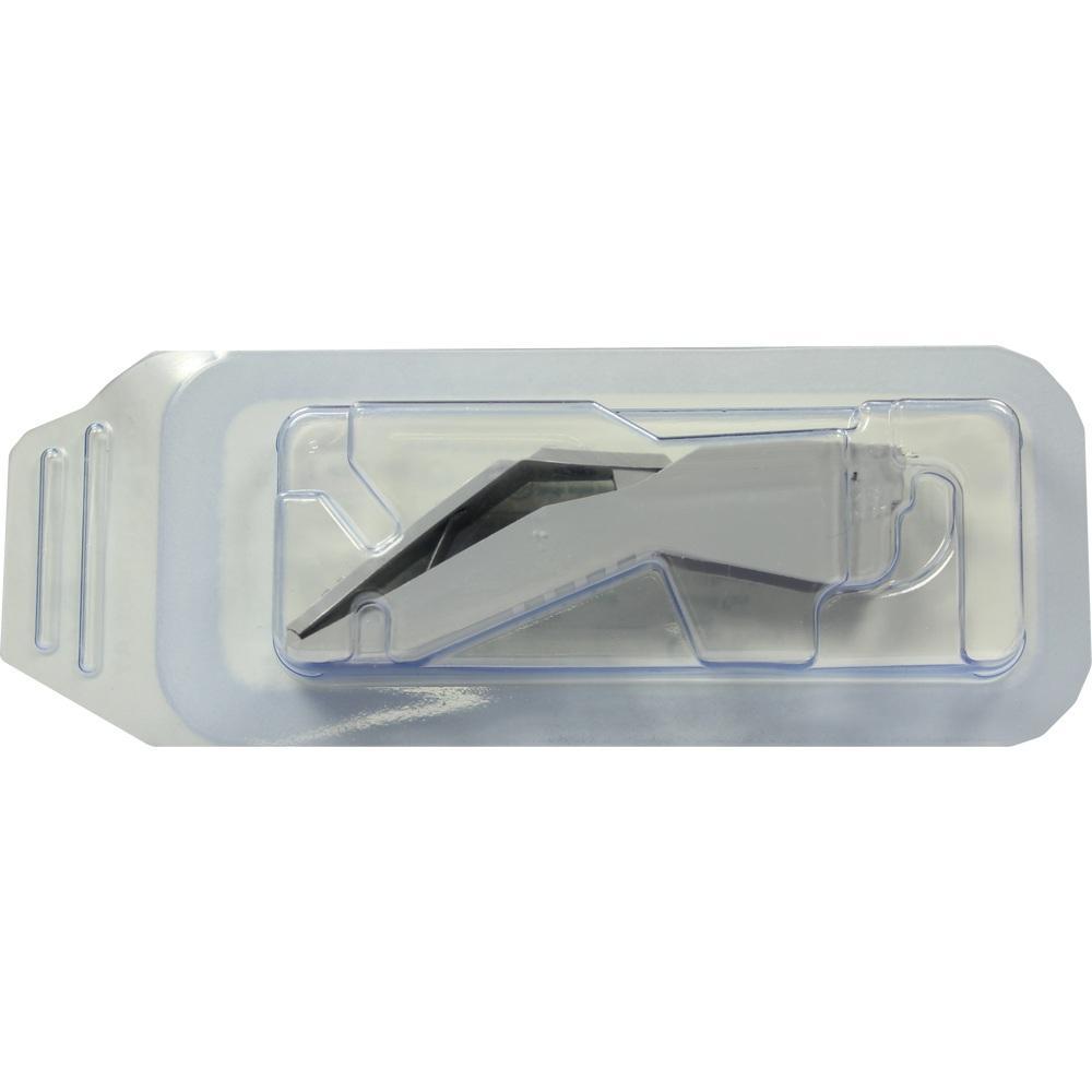 Ein silbernes Werkzeug ist in einer durchsichtigen Plastikverpackung.