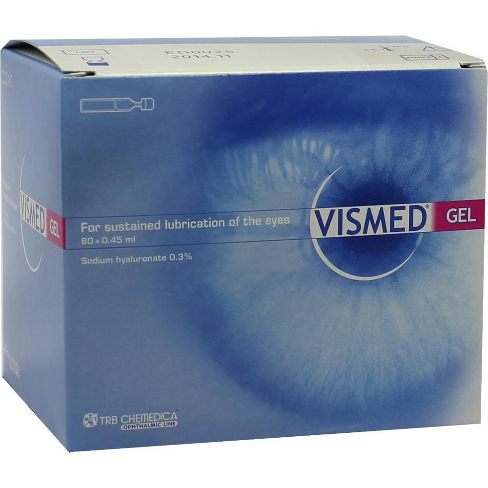 Blaue Verpackung von Vismed Gel zur Befeuchtung der Augen.