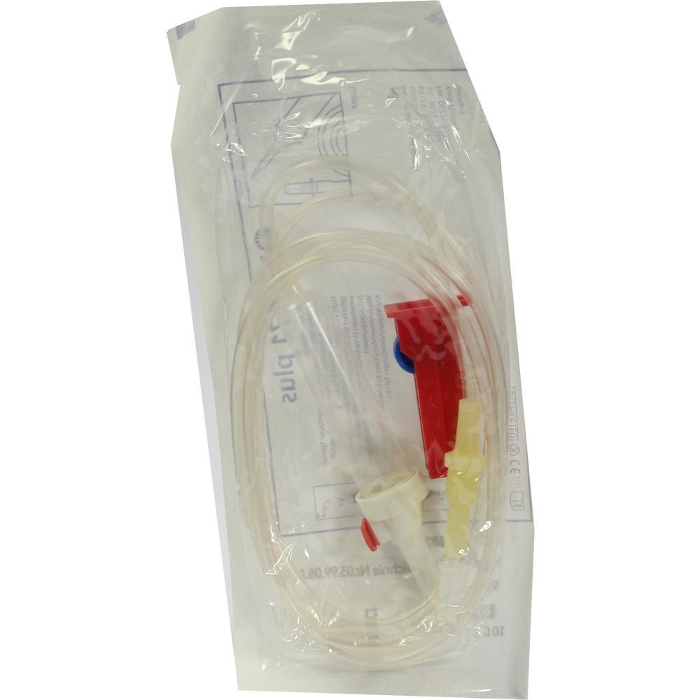 Ein transparenter Schlauch mit roten und weißen Teilen in einer Plastikverpackung.