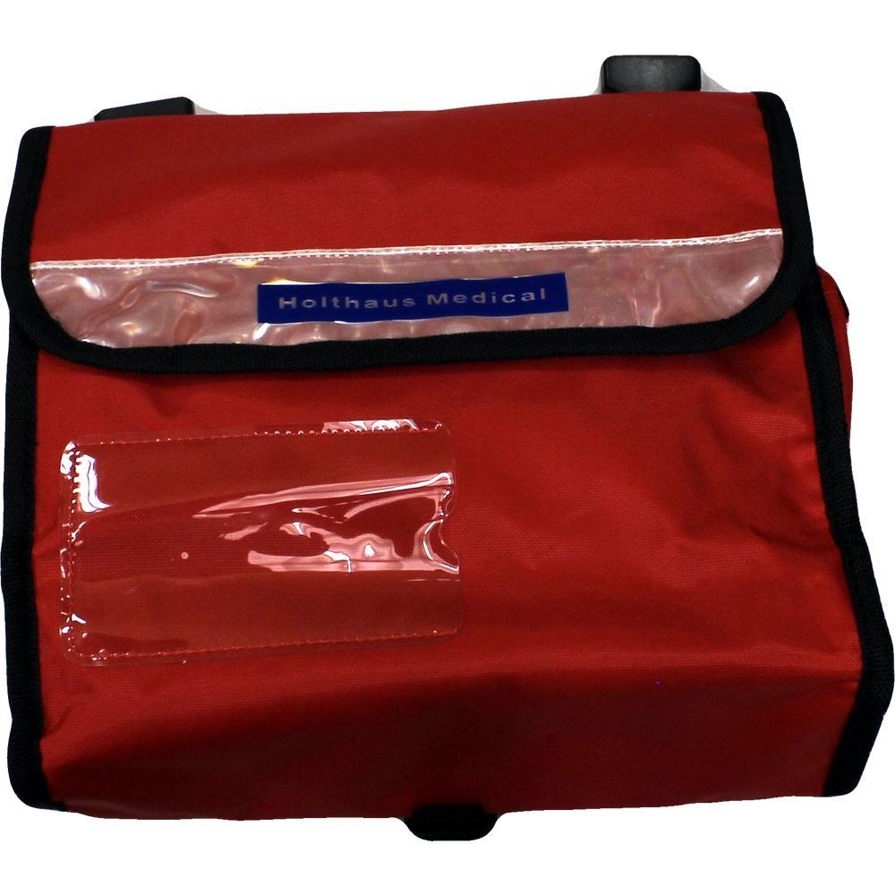 Rote Tasche mit Klappe und durchsichtigen Plastiktaschen.