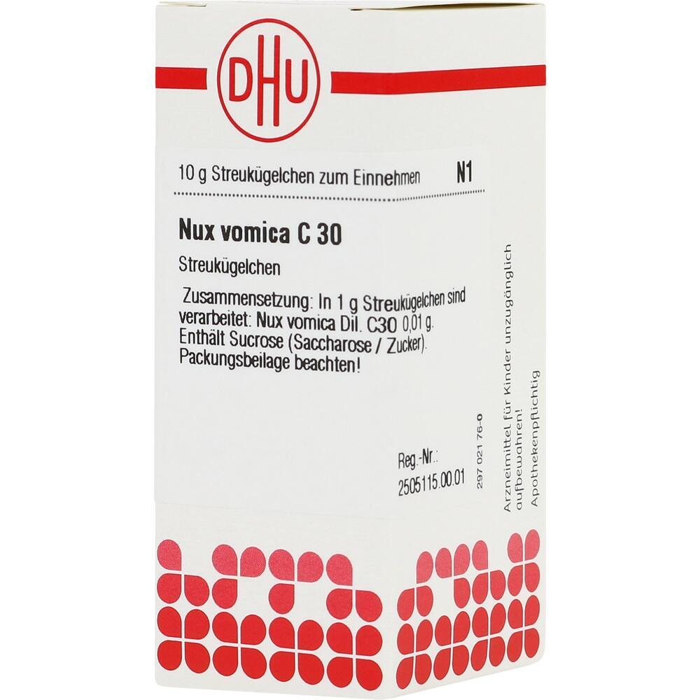 Packung von homöopathischen Nux vomica C30 Kügelchen.