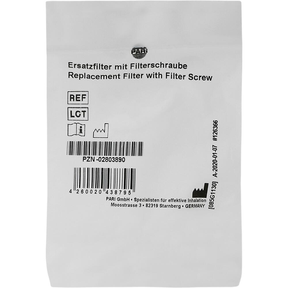 Wei&szlig;e Verpackung mit der Aufschrift &bdquo;Ersatzfilter mit Filterschaube&ldquo; und Barcode.