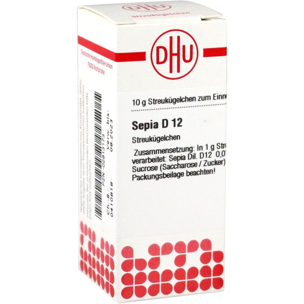 Weiße Verpackung von homöopathischen Streukügelchen mit der Aufschrift "Sepia D12".