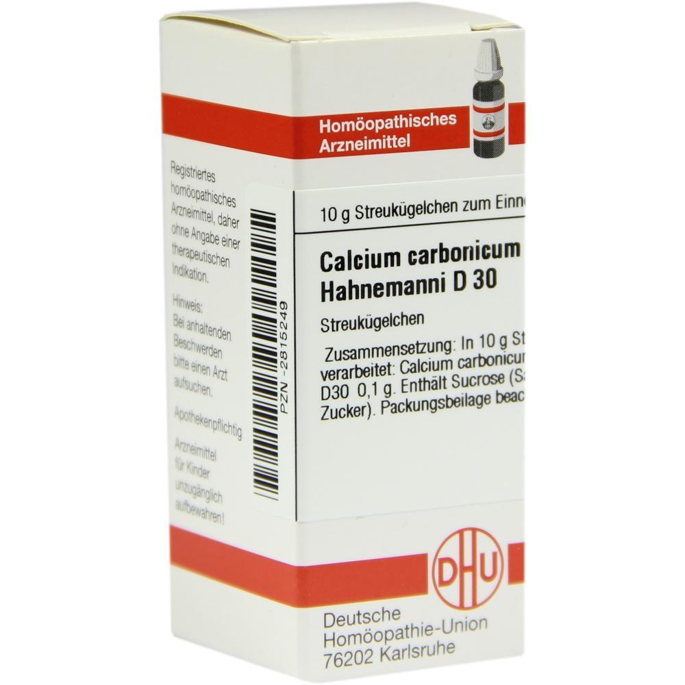 Eine Verpackung von homöopathischen Streukügelchen namens Calcium carbonicum D30.