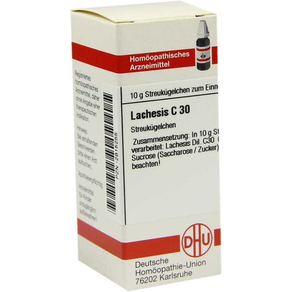 Eine Packung homöopathisches Arzneimittel namens "Lachesis C 30".