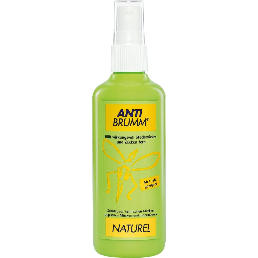 Grüne Flasche Anti-Mückenspray mit gelbem Etikett "Anti Brumm Naturel".