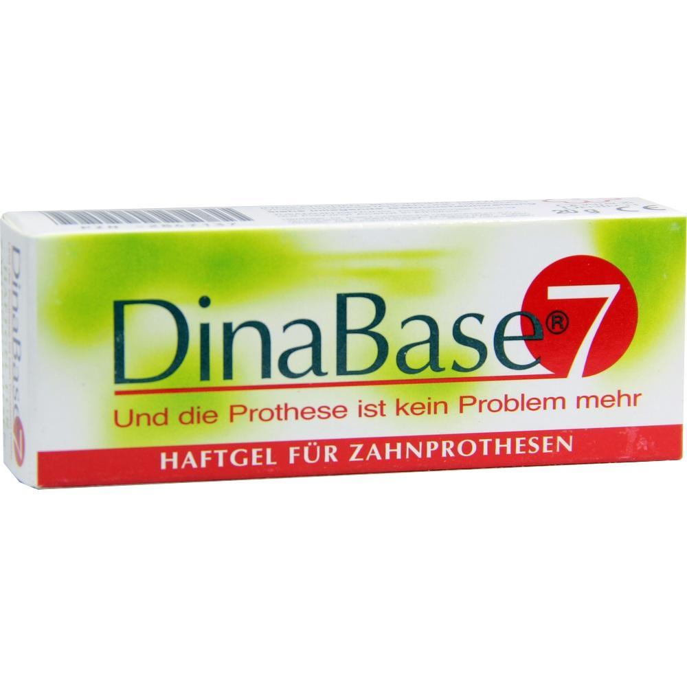 Eine Verpackung mit Haftgel für Zahnprothesen namens "DinaBase 7".