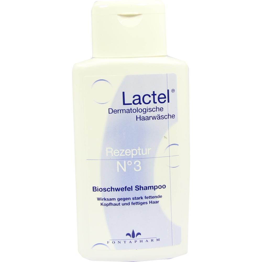 Weiße Shampooflasche mit der Aufschrift "Lactel Bioschwefel Shampoo".