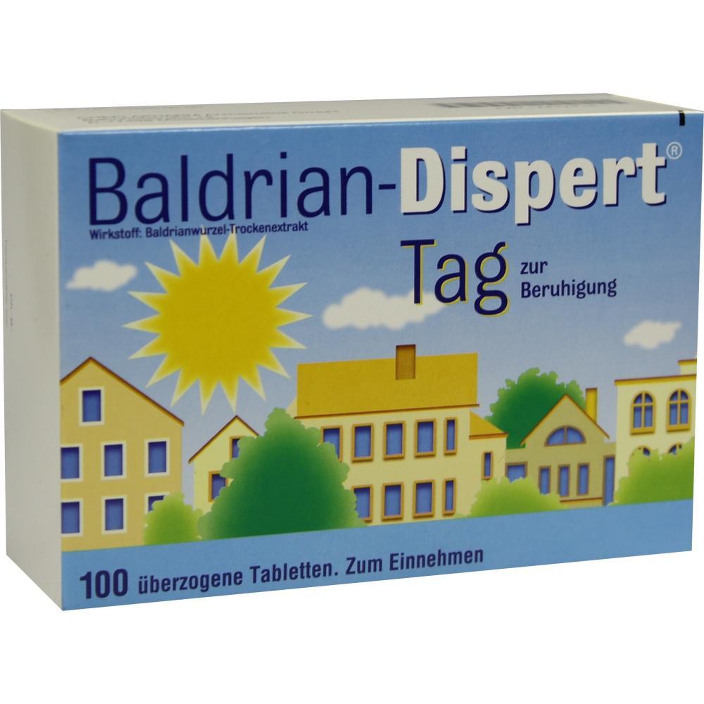 Schachtel mit Baldrian-Dispert-Tabletten zur Beruhigung, zeigt Häuser und die Sonne.