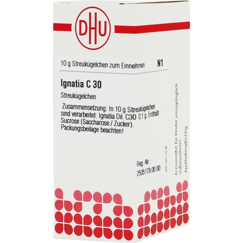 Weiße Verpackung von Ignatia C 30 Streukügelchen mit rotem Logo oben.