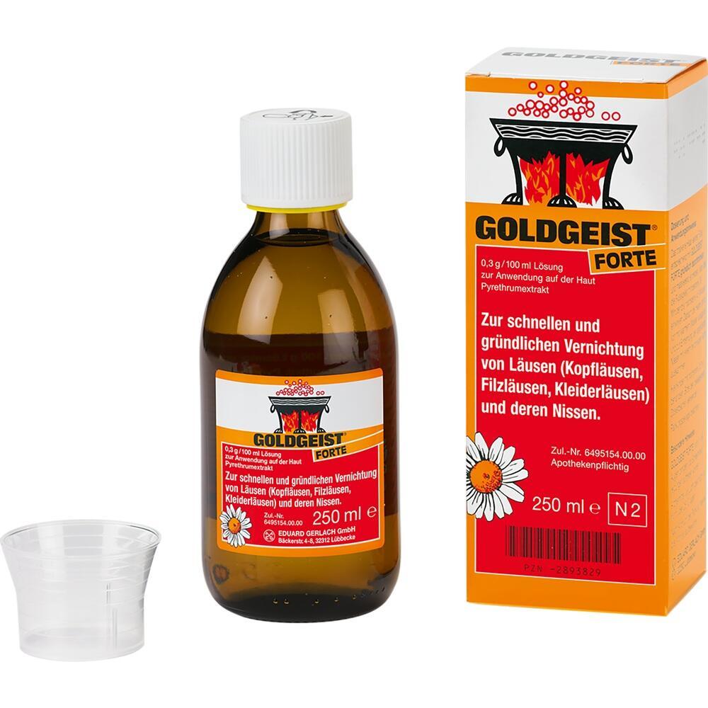 Braune Flasche und Packung von Goldgeist Forte gegen Läuse, mit weißem Messbecher.