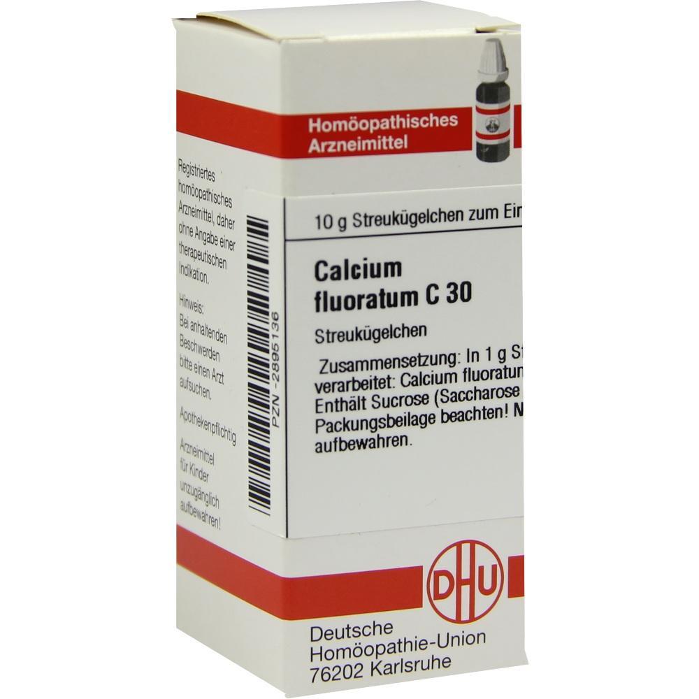 Verpackung eines homöopathischen Mittels namens Calcium fluoratum C 30.