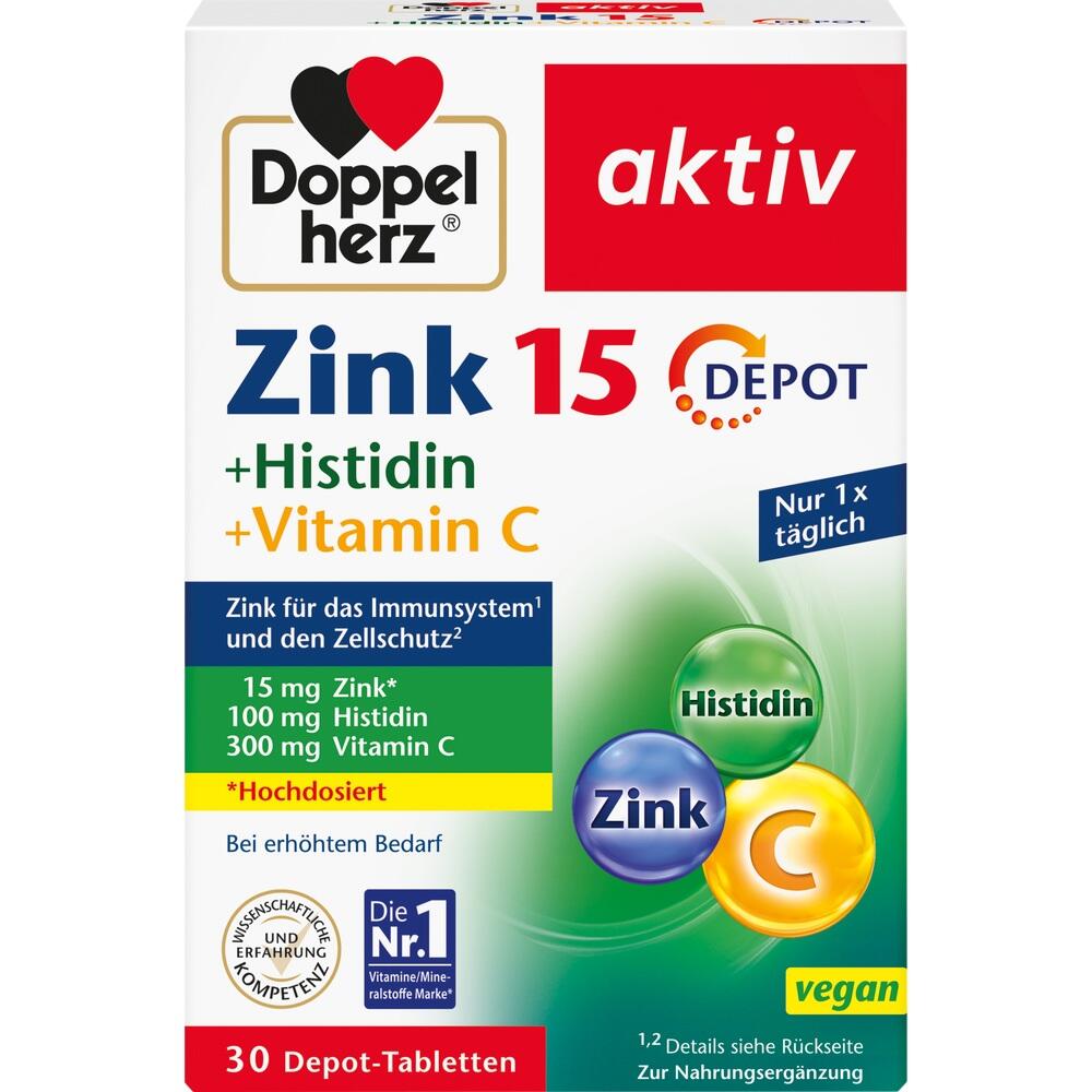Eine Packung Nahrungserg&auml;nzungsmittel mit Zink, Histidin und Vitamin C.