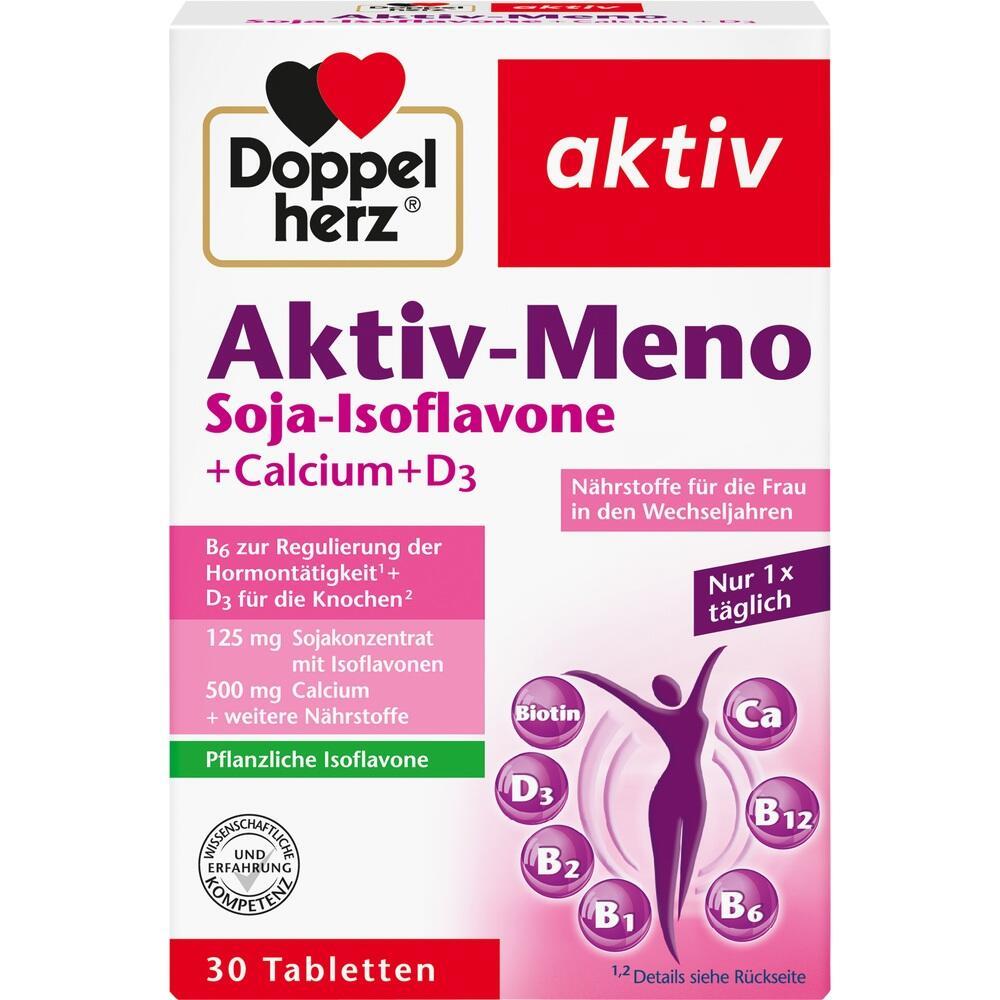 Packung von Doppelherz Aktiv-Meno Tabletten mit Soja-Isoflavonen und Vitaminen.