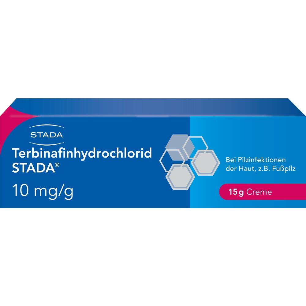 Blaue Verpackung einer Creme gegen Pilzinfektionen mit 10 mg/g Terbinafinhydrochlorid.