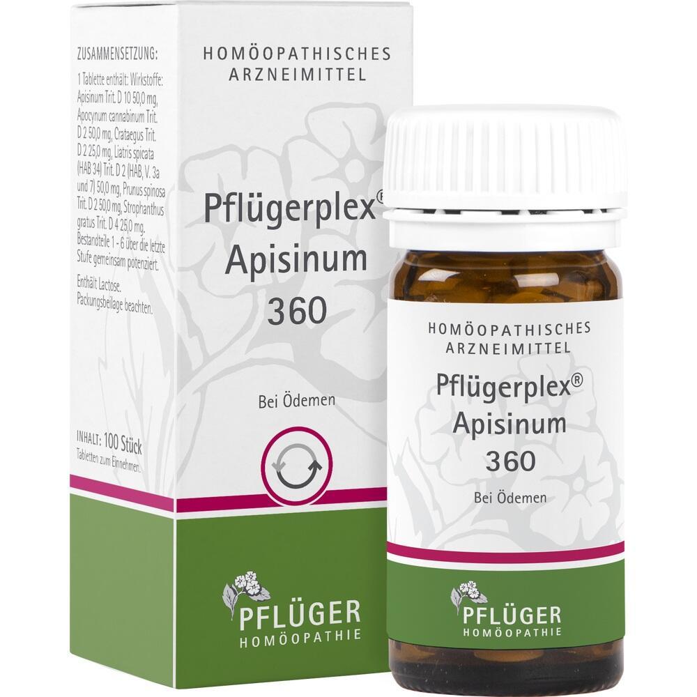 Braunes Fläschchen und weiße Verpackung mit dem Text "Pflügerplex Apisinum 360".