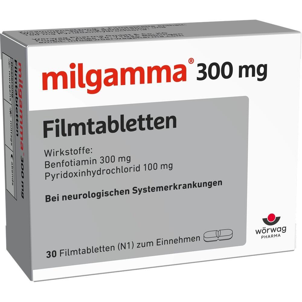 Verpackung von Milgamma Filmtabletten mit 300 mg für neurologische Erkrankungen.