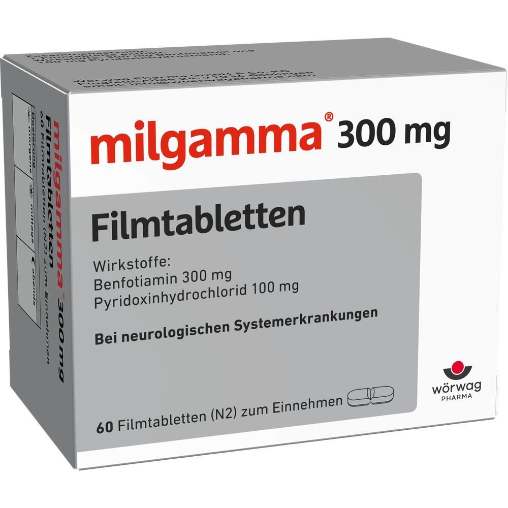 Weiße Medikamentenverpackung mit der Aufschrift "milgamma 300 mg Filmtabletten".