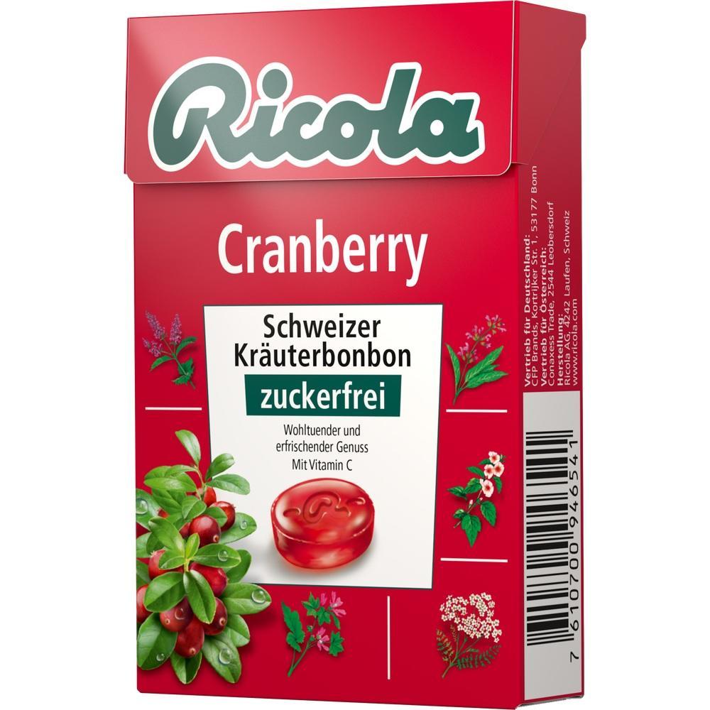 Rote Ricola-Packung mit Cranberry-Geschmack und zuckerfreien Kr&auml;uterbonbons.