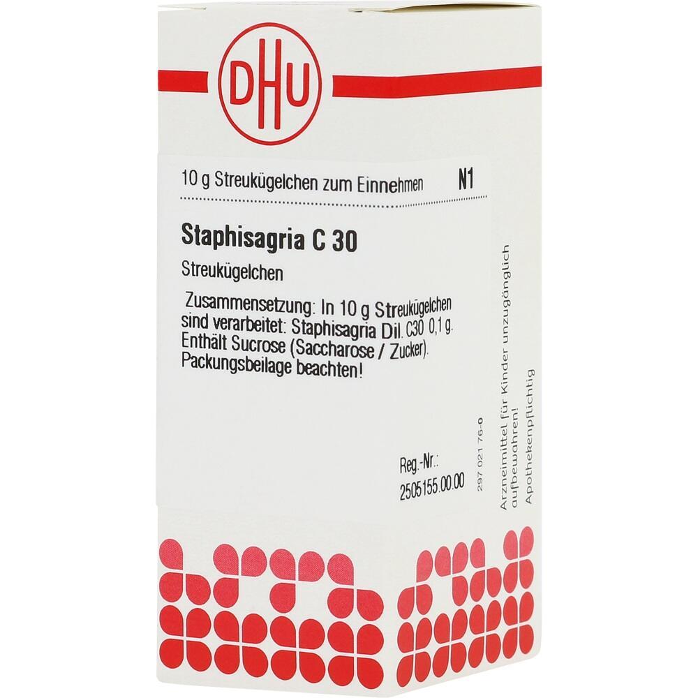 Eine Packung mit homöopathischen Streukügelchen namens Staphisagria C 30.